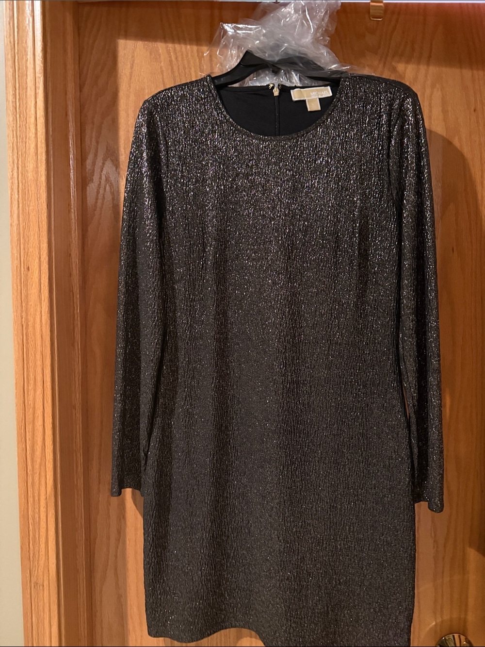 MICHAEL Michael Kors Black Metallic Long Sleeve Shift Dress with Subtle Shine